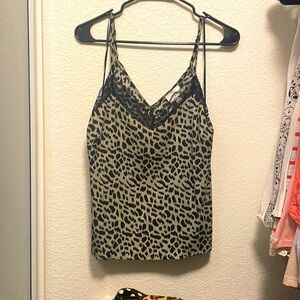 NWT Francesca’s green leopard print top w lace